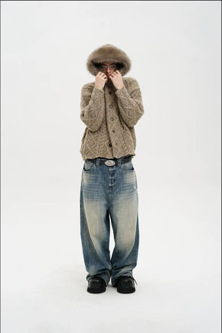 [MASONPRINCE] Cable Knit Fur Collar Wool Blend Cardigan