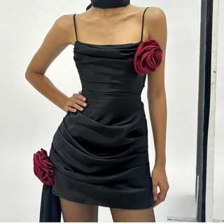 Square neck flower applique ruched mini dress