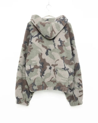 Shearling camouflage hooded zip-up