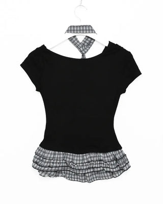 Checked frill shirred half-sleeve T-shirt