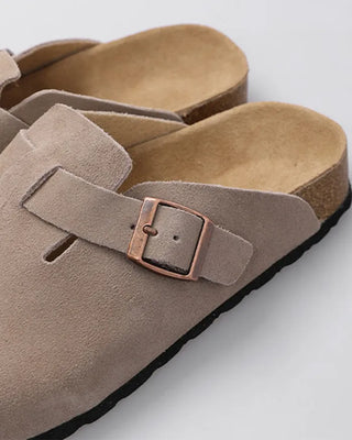Suede texture buckle mules