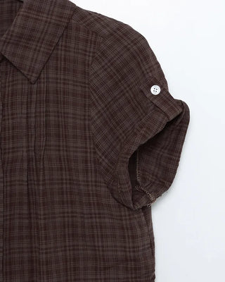 Checked pintuck short-sleeved blouse