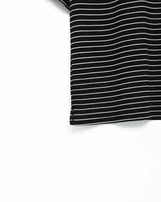 (Unisex) Striped Open Collar Short Sleeve T-Shirt