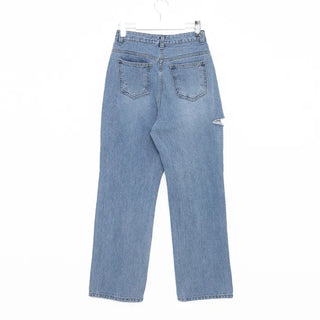 Distressed straight denim pants