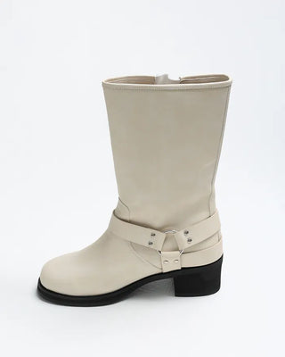 Round-toe biker mid-calf boots