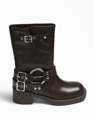 Double-belt round harness mid-calf boots