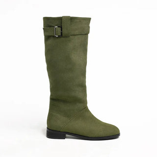 Belted suede long boots