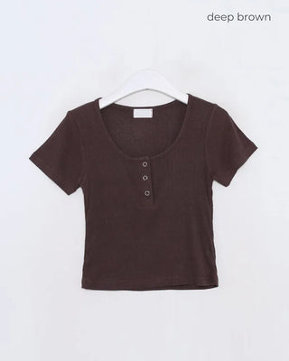 Button-down U-neck short-sleeved T-shirt