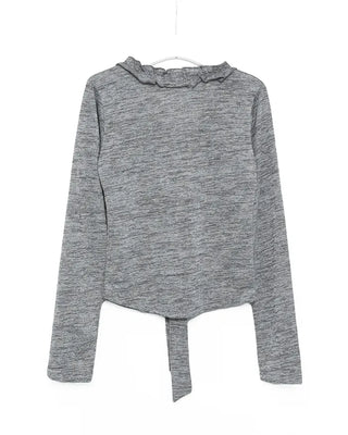 Frill Jewel Neck Ribbon Bust Long T-Shirt