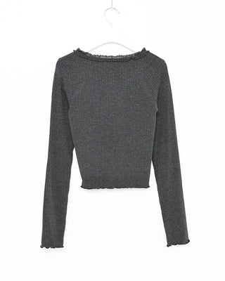 Lace V-neck cropped ribbed long T-shirt