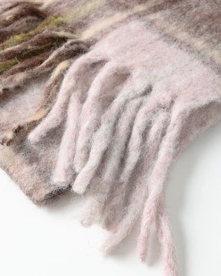 Wool mix check big fringe scarf