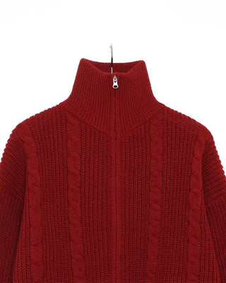Cable knit high neck half-zip sweater