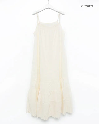 Neck hem punching lace long camisole dress