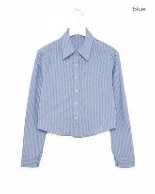 Round hem cropped slim striped shirt