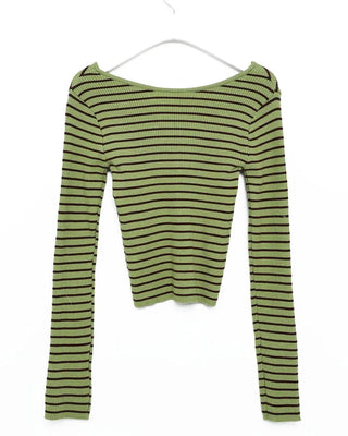 Keyhole neckline striped long-sleeve knit