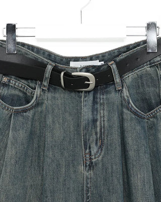 Double-pleated cotton wide-leg pants and belt set