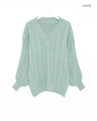 V-neck Cable Balloon Sleeve Long Knit