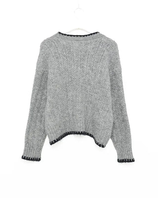 V-neck two-tone cable knit sweater