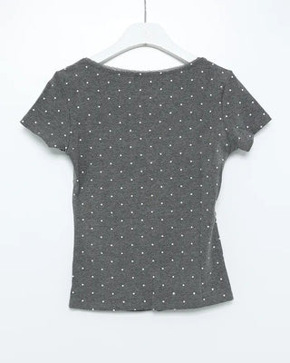 Lace trim polka dot front ribbon short-sleeved T-shirt