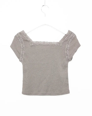 Lace layered neck French T-shirt
