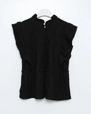 High-neck frilled neck and wide-leg pants set