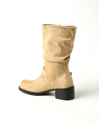 Buckle Shirring Mid-Calf Boots