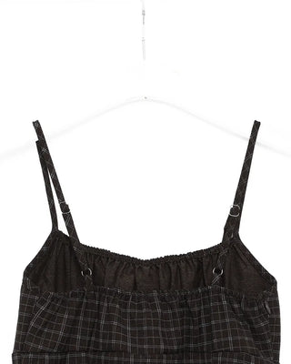 Shirred check sleeveless mini dress