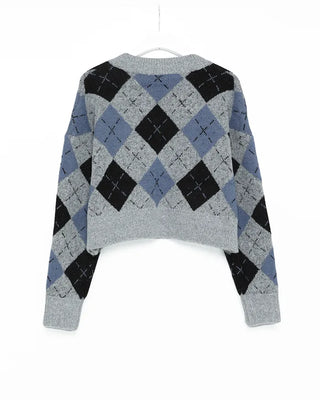V-neck argyle pattern loose knit