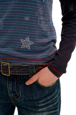 [Moromoro2] Contrast Stripe Rhinestone Long Sleeve  Tee