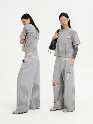 [MASONPRINCE] Distressed Patch Straight Leg Sweatpants
