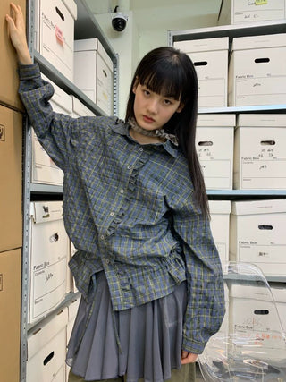 [NEVERSEEZ] Seersucker Check Ruffle Drawstring Shirt