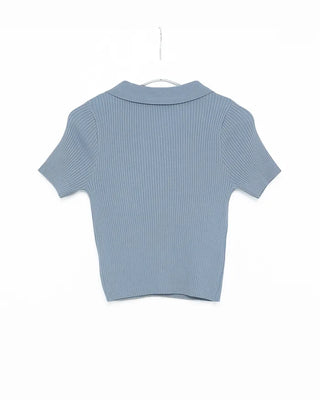 Polo neck semi-cropped ribbed knit T-shirt
