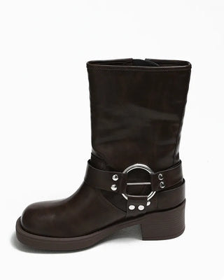 Double-belt round harness mid-calf boots