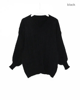 V-neck Cable Balloon Sleeve Long Knit