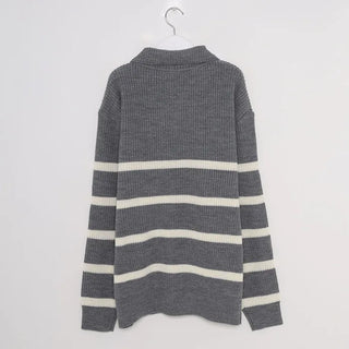 (Unisex) Color Semi-Zip Striped Knitwear