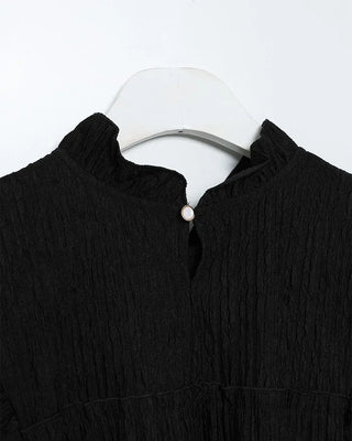 High-neck frilled neck and wide-leg pants set