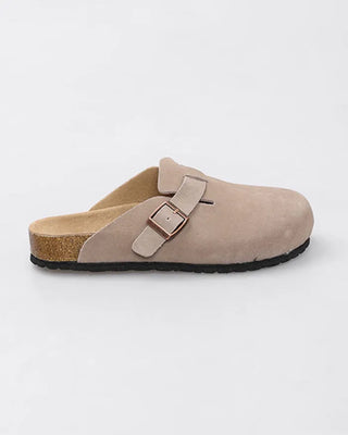 Suede texture buckle mules