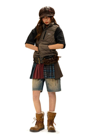 [Moromoro2] Star Patchwork Pleated Check  T-Shirt