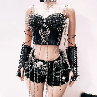 Metal chain skull applique rivet gloves cami top