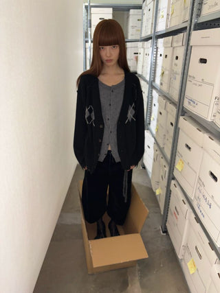 [NeverSeez] Argyle Layered Knit Cardigan