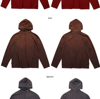 [Moromoro2] Striped Henry Collar Hooded Long Sleeve  Tee