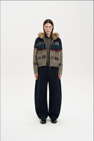 [MASONPRINCE] Fair Isle Fur Hood Wool Blend Cardigan
