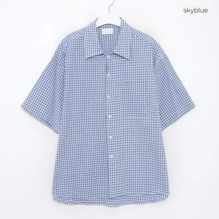 Linen check open collar shirt