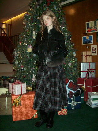 [Moromoro2] Retro Plaid Wool Blend Pleated  Skirt