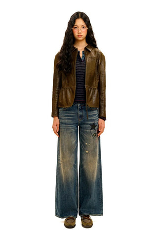 [Moromoro2] Star Plaid Patch Washed Straight  Jeans