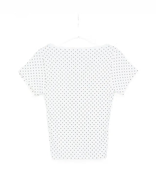 V-neck polka dot shirred half T-shirt