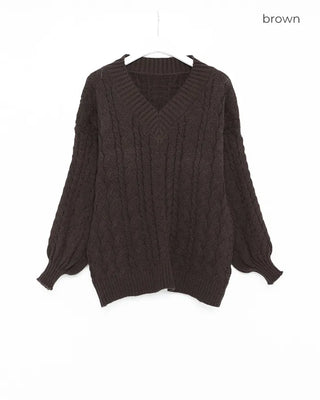 V-neck Cable Balloon Sleeve Long Knit