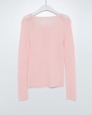 Henley neck sheer ribbed knit
