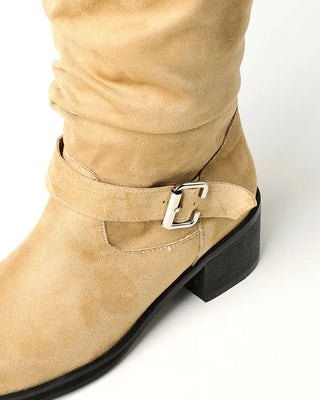 Buckle Shirring Mid-Calf Boots
