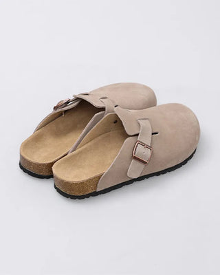 Suede texture buckle mules
